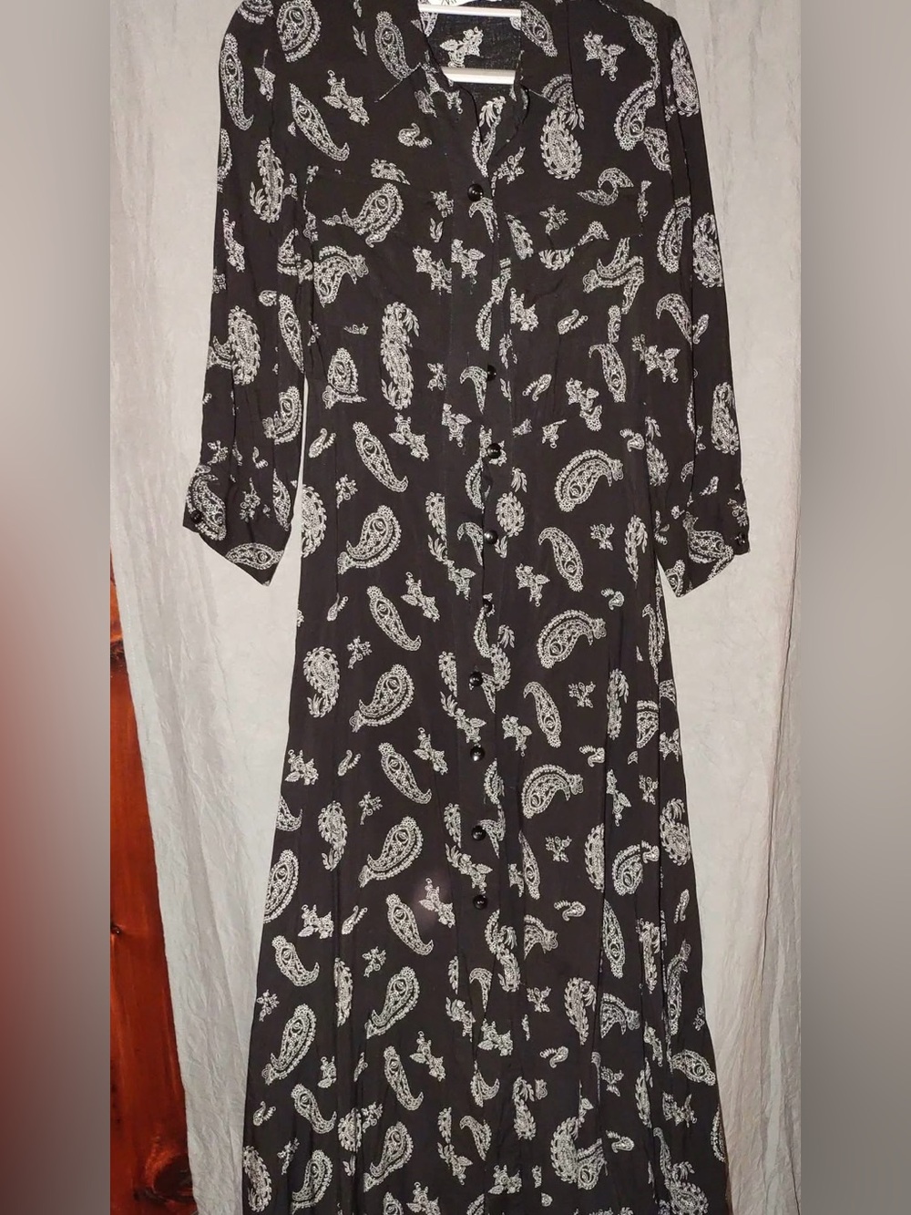 Zara Shirt Dress Womens Medium Black White Paisley Maxi Long Sleeve Belted Boho